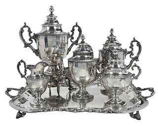 Five Piece New York Coin Silver Tea Service with Silver Plate Tray