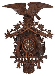 Impressive Black Forest Carved Walnut Hunting Trophy Clock