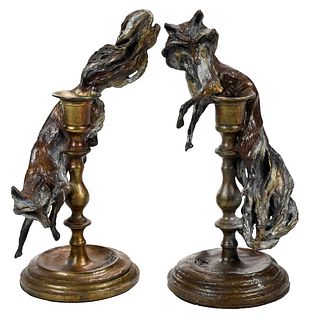 Pair of Bronze Fox Form S Candlesticks, K. Hedges