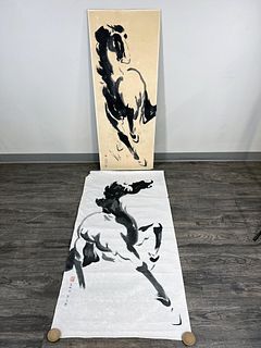 LOT OF TWO CHINESE HORSE PAINTINGS ON RICE PAPER