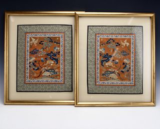 TWO ANTIQUE CRANE EMBROIDERY