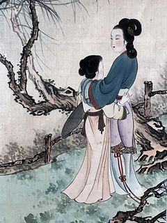 FRAMED CHINESE WATERCOLOR OF BEAUTIES IN GARDEN