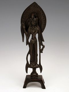 STANDING BRONZE BUDDHA WITH FLAMING HALO