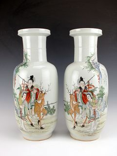 PAIR CHINESE VASES WITH TRAVELERS & STAG