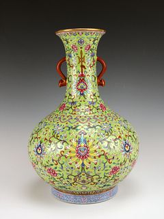 CHINESE FLORAL BOTTLE VASE WITH CURVED HANDLES