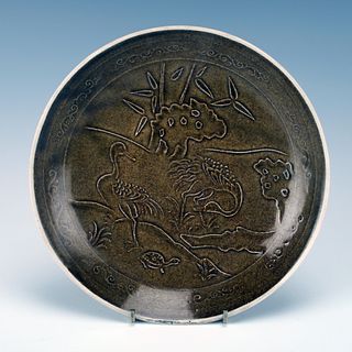 CHINESE BROWN GLAZE DISH WITH CRANES & TURTLE 