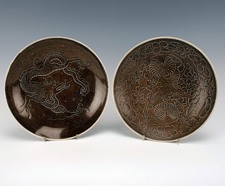 TWO CHINESE BROWN GLAZE DISHES DRAGON & BIRD