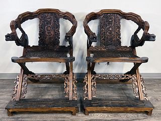 PAIR CHINESE HUANGHUALI DRAGON FOLDING CHAIRS
