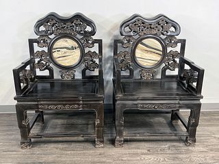 PAIR ZITAN CHAIRS WITH MARBLE INSETS ON BACKS