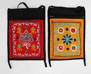 PAIR OF THAI COTTON EMBROIDERED LONG STRAP SHOULDER PURSES