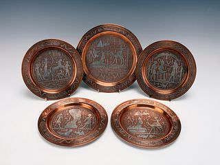 FIVE VINTAGE EGYPTIAN COPPER PLATES WITH SILVER INLAY
