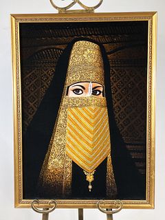 FRAMED PAINTING ON VELVET OF ARABIC LADY IN GOLDEN VEIL