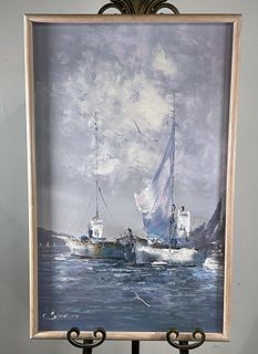 SIGNED SAILBOATS IN HARBOR PAINTING
