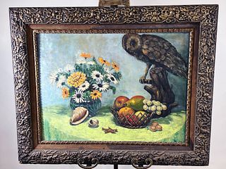 MID CENTURY STILL LIFE WITH OWL PAINTING IN ANTIQUE FRAME