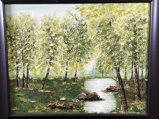 SIGNED PAINTING OF FOREST AND STREAM