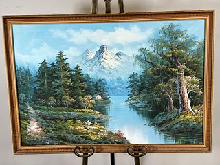 OIL PAINTING OF GLACIER AND RIVER SCENE