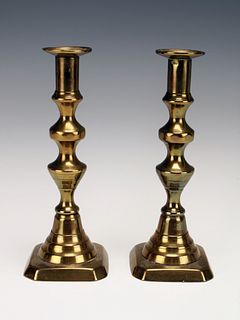 PAIR OF ANTIQUE BRASS DIAMOND AND BEEHIVE CANDLESTICKS