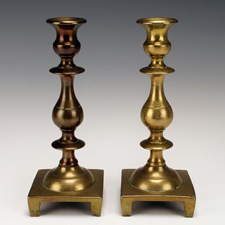 PAIR OF HEAVY BRASS RUSSIAN CANDLESTICKS OF EARLY 18TH C DESIGN