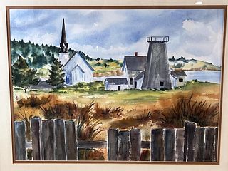 FRAMED WATERCOLOR OF CHURCH AND WATERTOWER OF MENDOCINO, CALIFORNIA