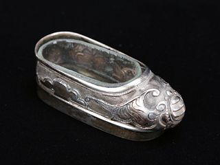 CHINESE SILVER CONTAINER IN SHAPE OF CHILDS SHOE