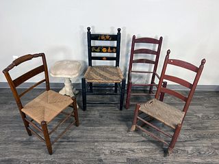 FOUR VINTAGE LADDER BACK CHAIRS & PIANO STOOL