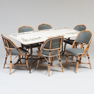 French Painted Enamel and Metal Table and Eight French Painted Bamboo and Plastic Side Chairs