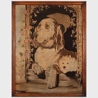 Large Needlework Panel of Two Dogs in a Window