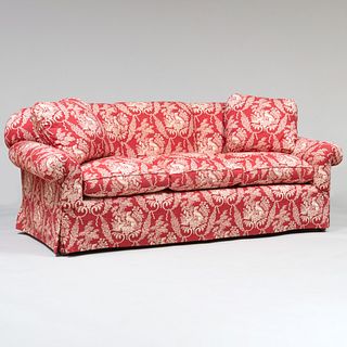 Toile Upholstered Three Seat Sofa together with a Matching Club Chair and Ottoman