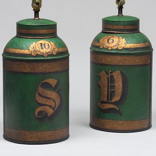 Pair of English Green Tole Tea Canisters Mounted as Lamps