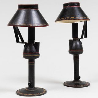 Pair of Black Painted Tole Oil Lamps