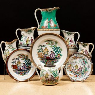 Chinoiserie Decorated Transfer Printed and Enriched Porcelain Part Service in the 'Peking' Pattern