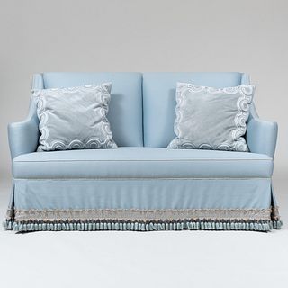 Biedermeier Ebony Inlaid Birch Settee, Upholstered in Holland & Sherry Pale Blue Wool with Fringe
