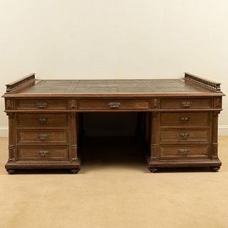 Large Victorian Style Limed Oak Partners' Desk