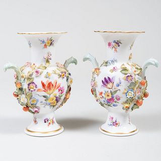 Pair of Meissen Porcelain Flower Encrusted Vases