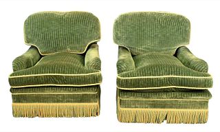 A Pair of Contemporary Green Velour Upholstered Swivel Club Chairs