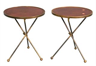 A Pair of Leather, Steel and Brass Occasional Tables