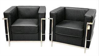 A Pair of Corbusier LG-2 Style Leather Armchairs