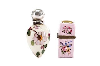 2 Miniature Enameled Porcelain Scent Flask Bottles