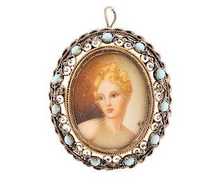 800 Silver Miniature Hand Painted Portrait Brooch