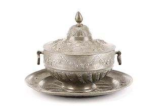 Fine 19th C. French Pewter Soup Tureen with Saucer