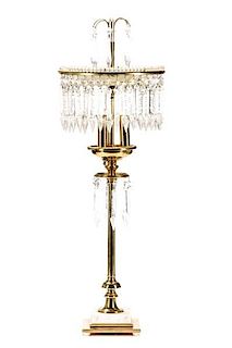 Gilt Metal, Drop Crystal & White Marble Table Lamp