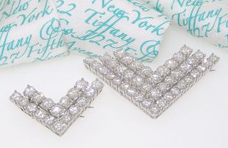 Pair of Tiffany Platinum Diamond Chevron Brooches