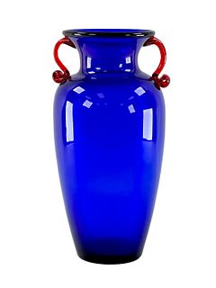 Vintage Cobalt Blue Vase Red Handles