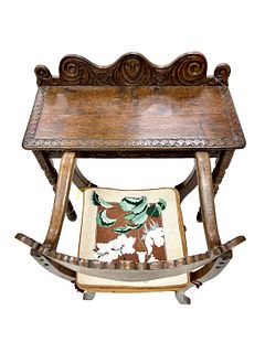 Antique Carved Oak Writing Desk+Chair Set