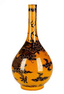 Chinese Mustard Glazed Bottle Vase with Dragon