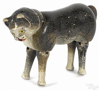 Schoenhut painted wood cat with a two-piece head, an open mouth, and painted eyes, 5'' l.