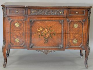 Louis XV style walnut chest with hand painted flowers. ht. 35in., wd. 50in., dp. 22in.