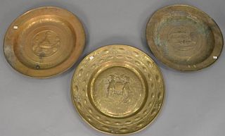 Three Alms dishes including two with holes, 18th century or earlier, dia. 17in., 18in., 18 1/2in.