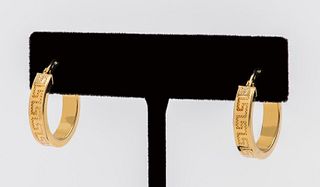 18K Yellow Gold Greek Key Motif Huggien Earrings
