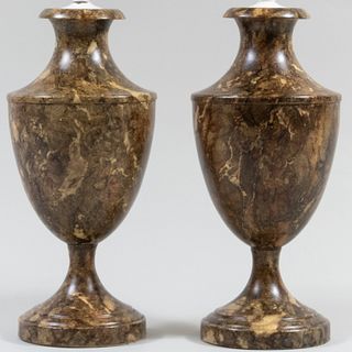 Pair of Faux Marble Painted Tole Urn Form Table Lamps